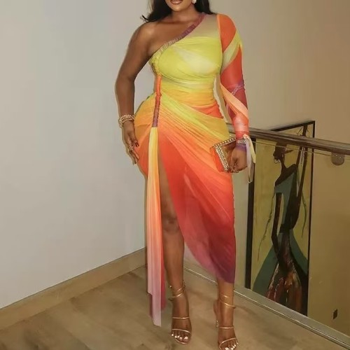 One Sleeve Orange Mesh Midi Dress