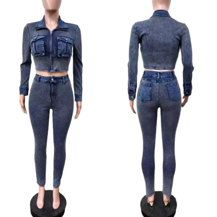 Acid Washed Denim Patchwork 2 Piece Set