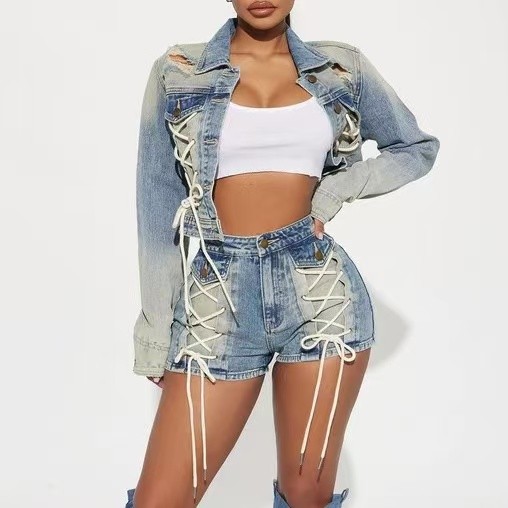 denim jacket and shorts, denim short and jacket set, denim tie up shorts