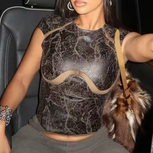 Brown Mesh Patchwork Crop Top 