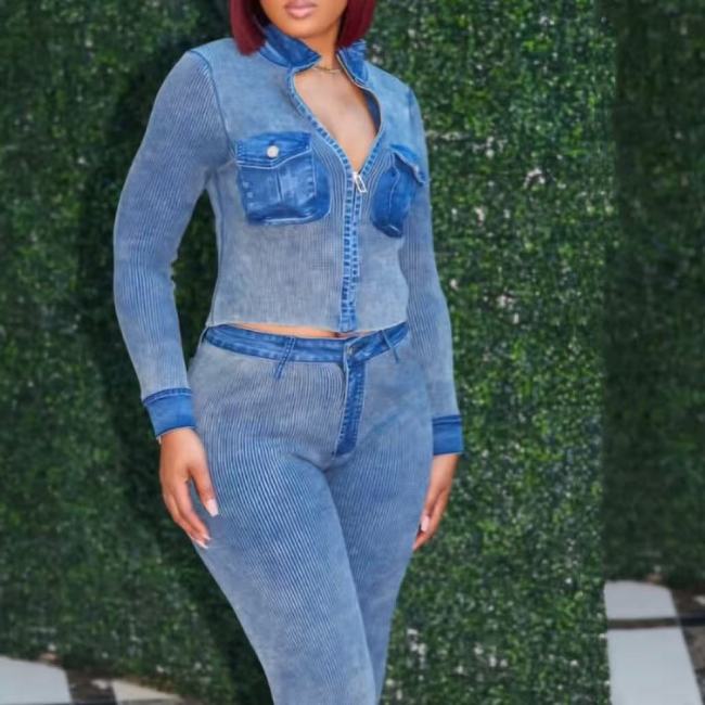 Acid Washed Denim Patchwork 2 Piece Set
