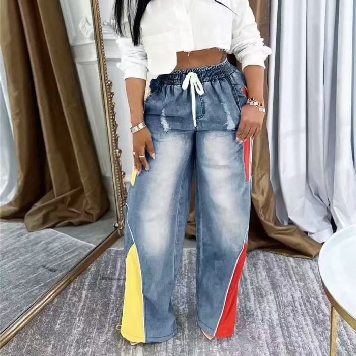 Elastic Patchwork Straight Jeans Low Stretch