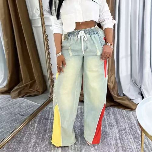 Elastic Patchwork Straight Jeans Low Stretch