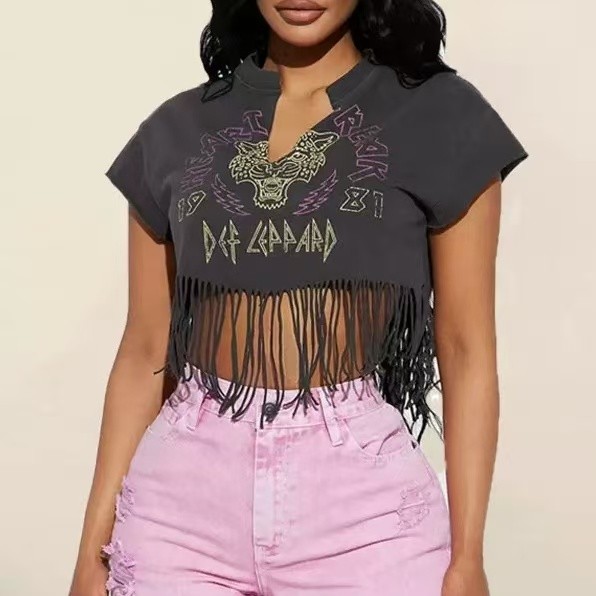 Graphic Crop Top With Tassel
