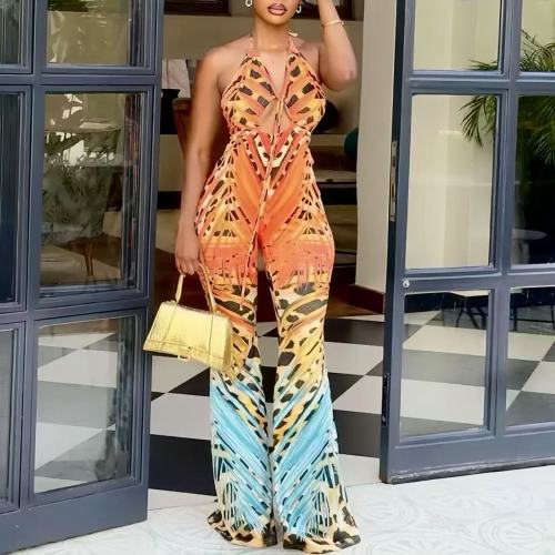 Orange Halter One Piece Flare Jumpsuit 