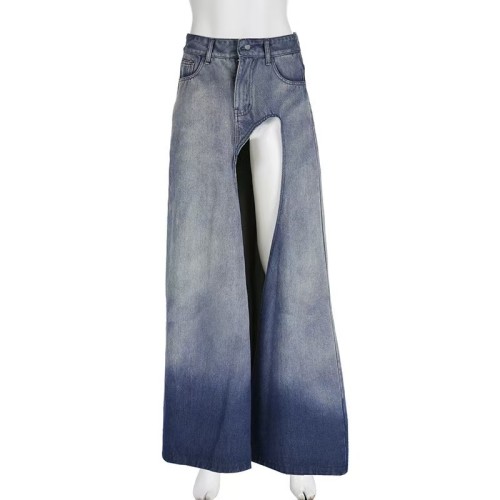 Denim Side Slit Maxi Skirt Low Stretch