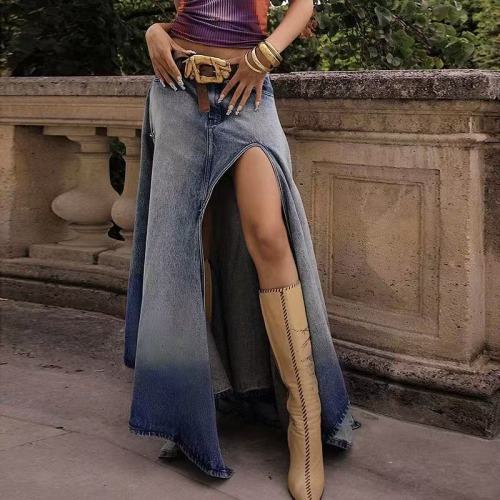 Denim Side Slit Maxi Skirt Low Stretch