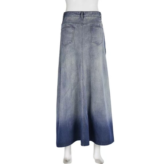 Denim Side Slit Maxi Skirt Low Stretch