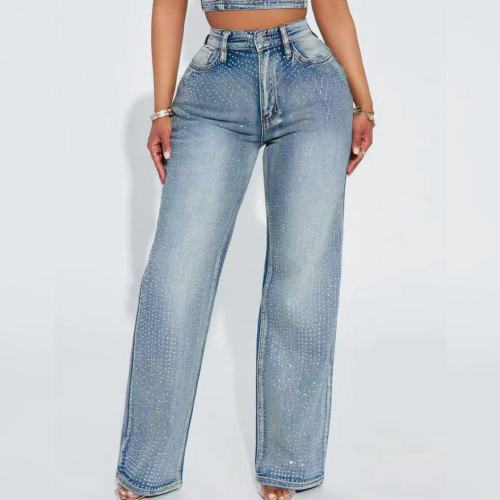 Rhinestone Studded Straight Jeans Low Stretch