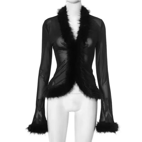 Black Fluffy Edge Mesh Cardigan