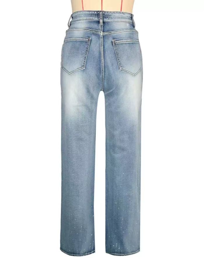 Rhinestone Studded Straight Jeans Low Stretch