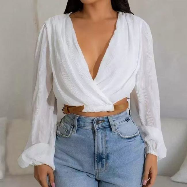 Long Sleeve Crop Top With Belt 