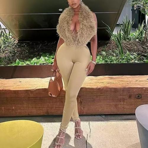 Fuzzy Halter Crop Top 2 Piece Set