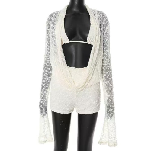 White Mesh Plunge Top 3 Piece Shorts Set