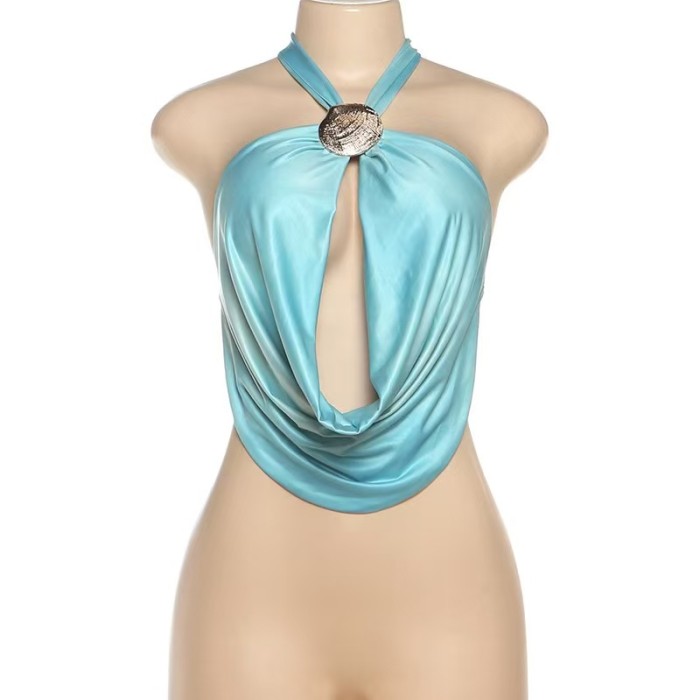 Blue Halter Plunge Tank Top 