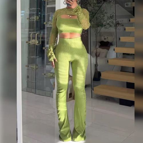 Knit Crop Top 3 Piece Pants Set 