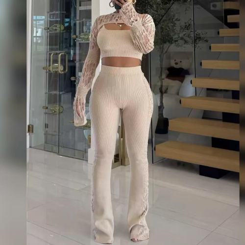Knit Crop Top 3 Piece Pants Set 