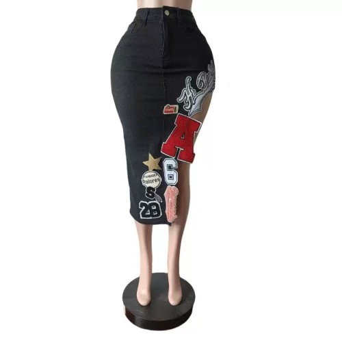 Denim Slit Maxi Skirt With Patch