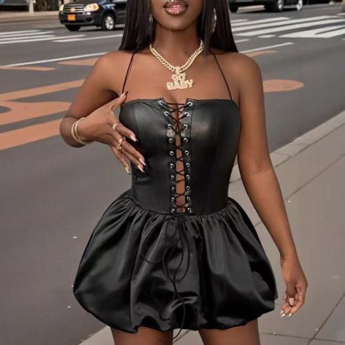 Black Leather Lace Up Mini Dress