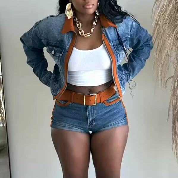 Denim Crop Jacket With Shorts Set 