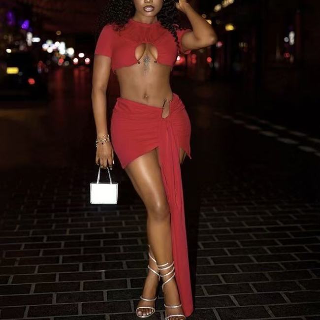 Crop Top And Mini Skirt Set With Loops