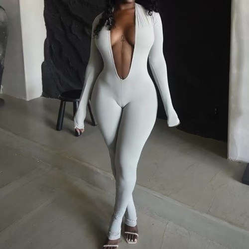 Long Sleeve Deep V One Piece Jumpsuit 