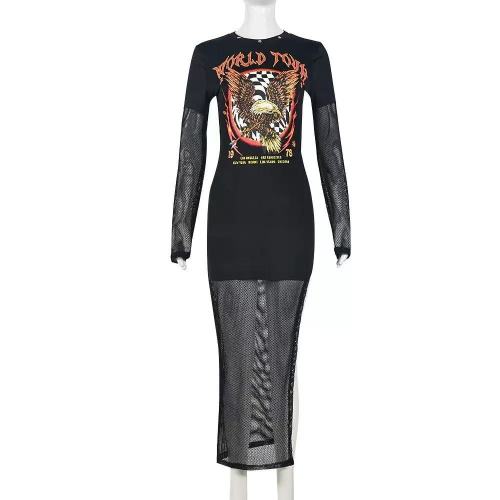 Black Mesh Sleeve Slit Midi Dress 