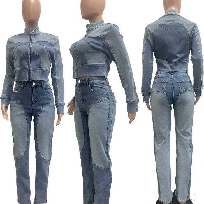 Denim Crop Jacket 2 Piece Jeans Set None Stretch