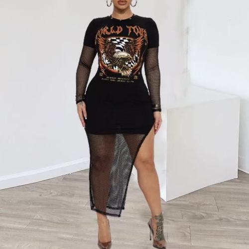 Black Mesh Sleeve Slit Midi Dress 