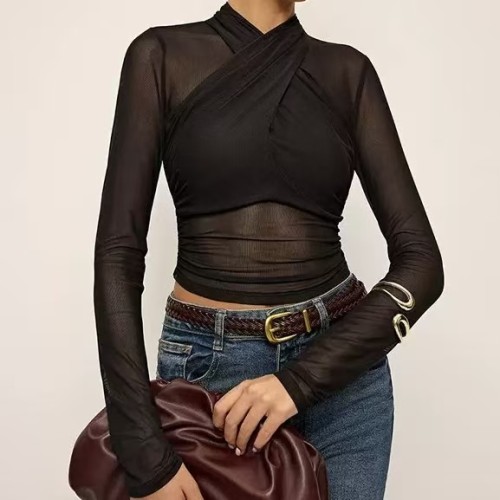 Black Long Sleeve Mesh Crop Top