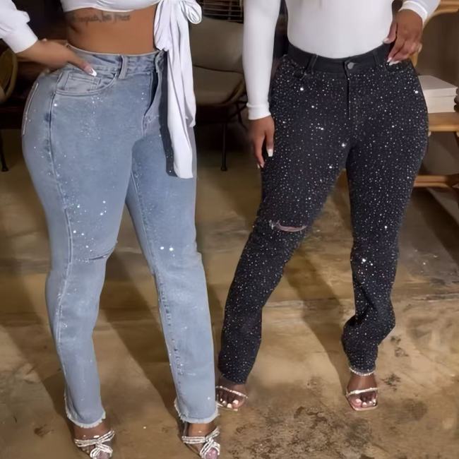 Rhinestone Skinny Jeans Low Stretch