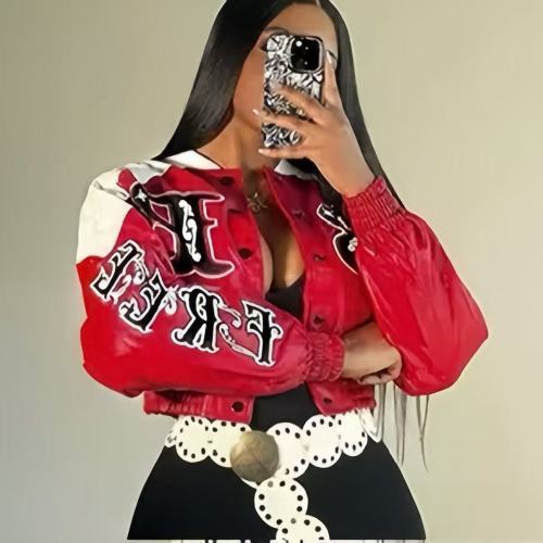 Red And White Crop Leather Jacket
