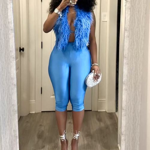 Fuzzy Vest Top 2 Piece Cropped Pants Set