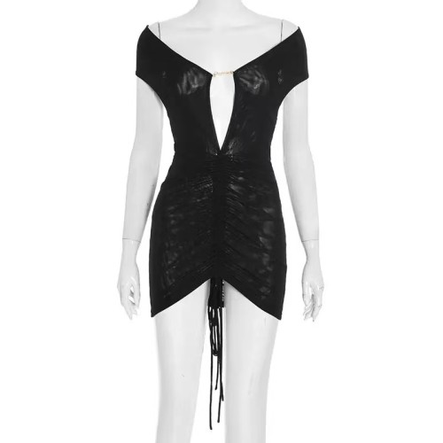 Sexy Drawstring Mesh Mini Dress