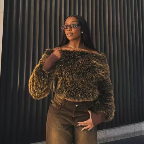 Brown Fuzzy Long Sleeve Crop Top