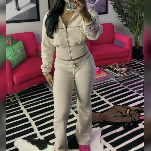 Waffle Weave Crop Jacket And Flares Set
