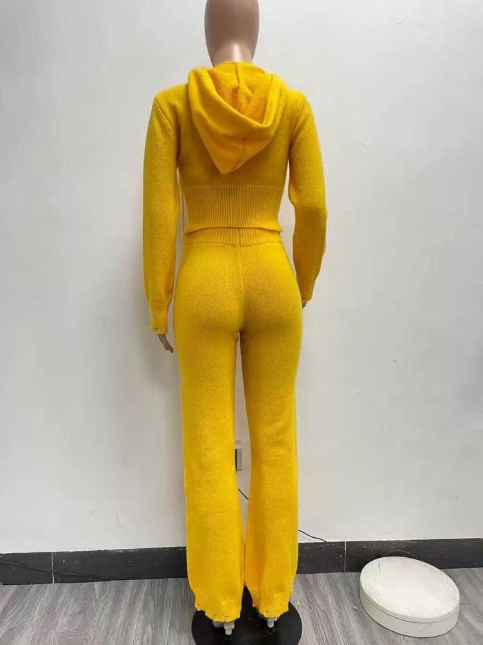 Winter Knitted Hoodie Cardigan With Pants Set