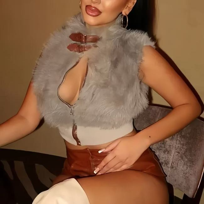 Grey Fur Crop Top Vest
