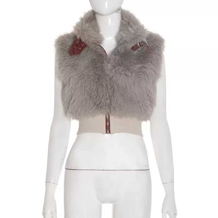 Grey Fur Crop Top Vest