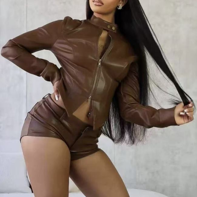 Leather Crop Jacket With Shorts Set