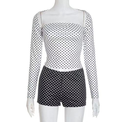 Spots Long Sleeve Crop Top Shorts Set 