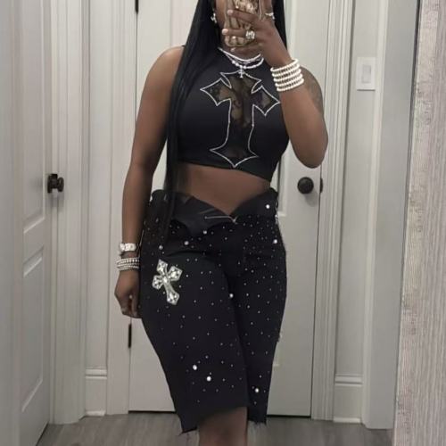 Black Cross Embroidery Tank Top 