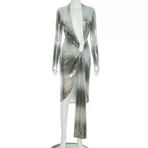 Green Bright Deep V Midi Dress