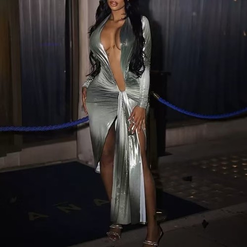 Green Bright Deep V Midi Dress