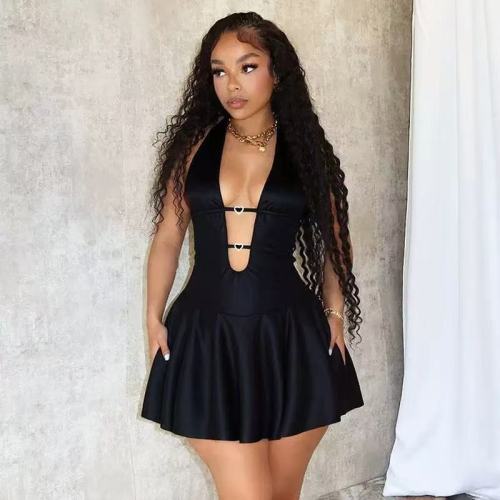 Leather Halter Deep V Mini Dress