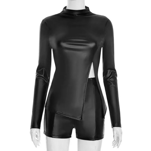 Leather Split Top With Shorts Set 