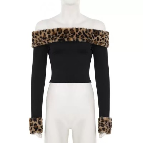 Leopard Patchwork Crop Top Fuzzy Shorts Set