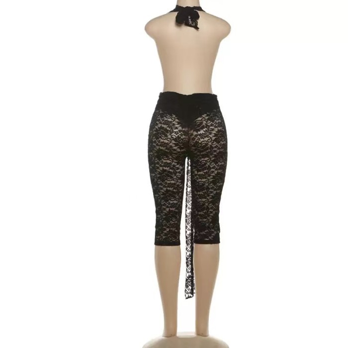 Black Mesh Deep V Halter Jumpsuit