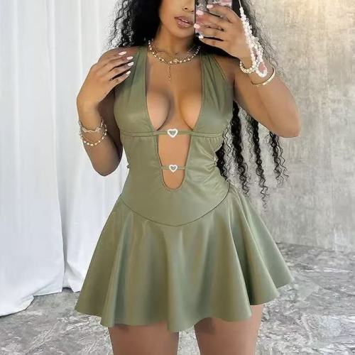 Leather Halter Deep V Mini Dress