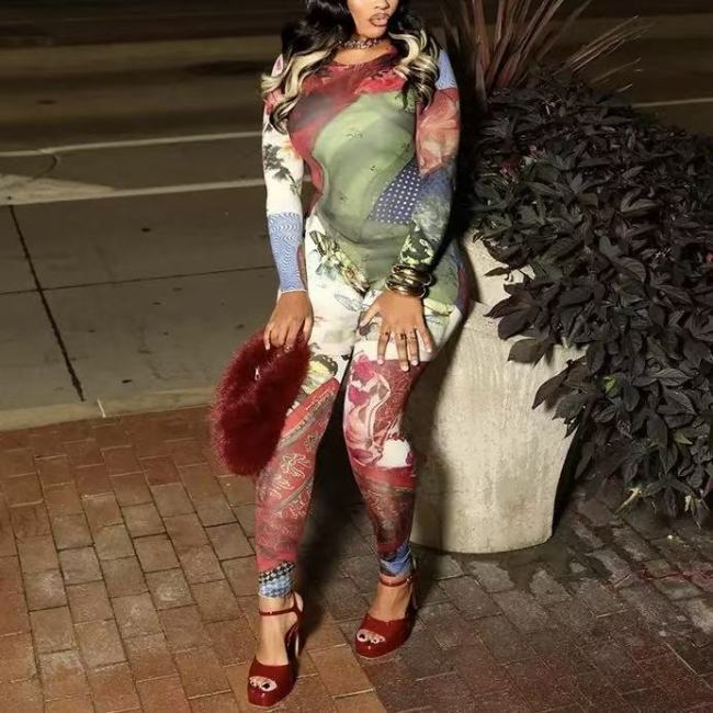 Floral Long Sleeve One Piece Jumpsuit 